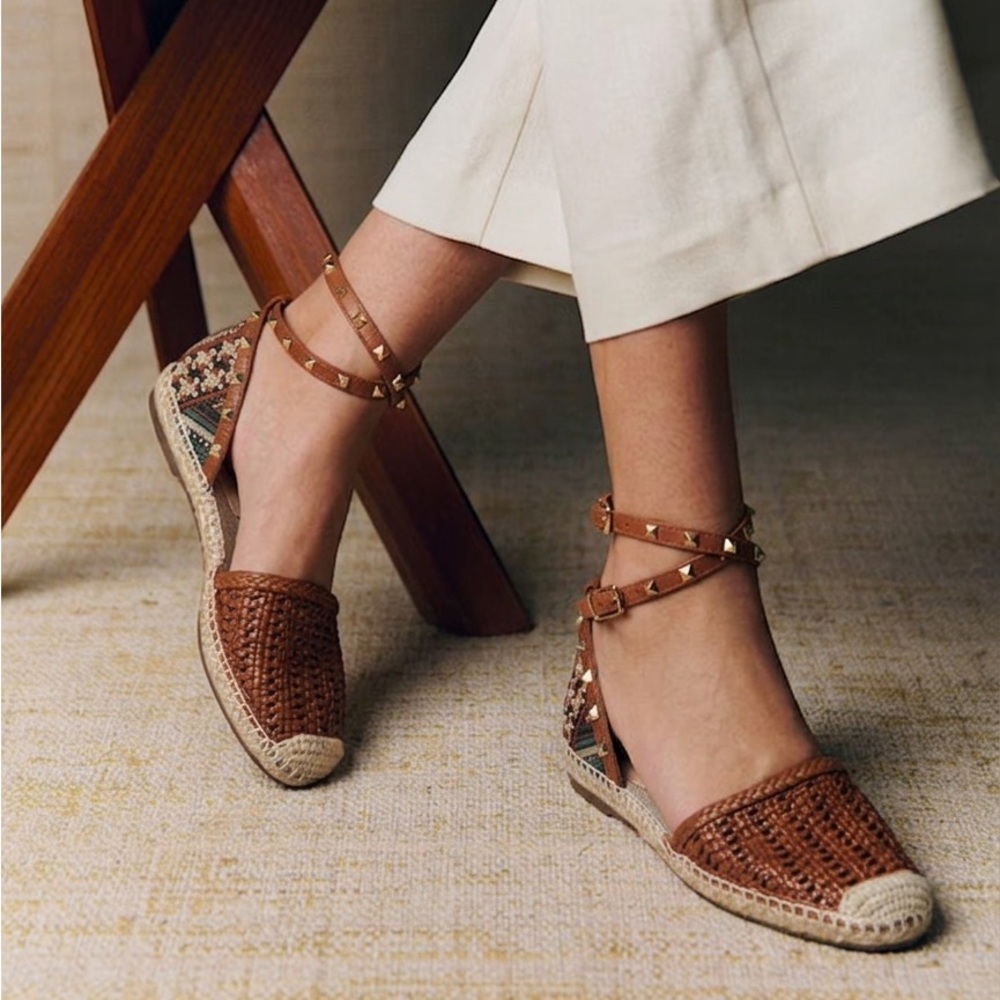 SCHUTZ Brown Woven Leather Ankle-Strap Espadrilles Size 8.5